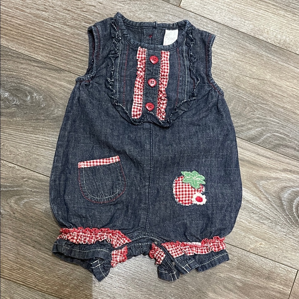 $3 w/ min $20 spend- NEXT Denim Strawberry Romper 0-3 Months | Summer Outfit